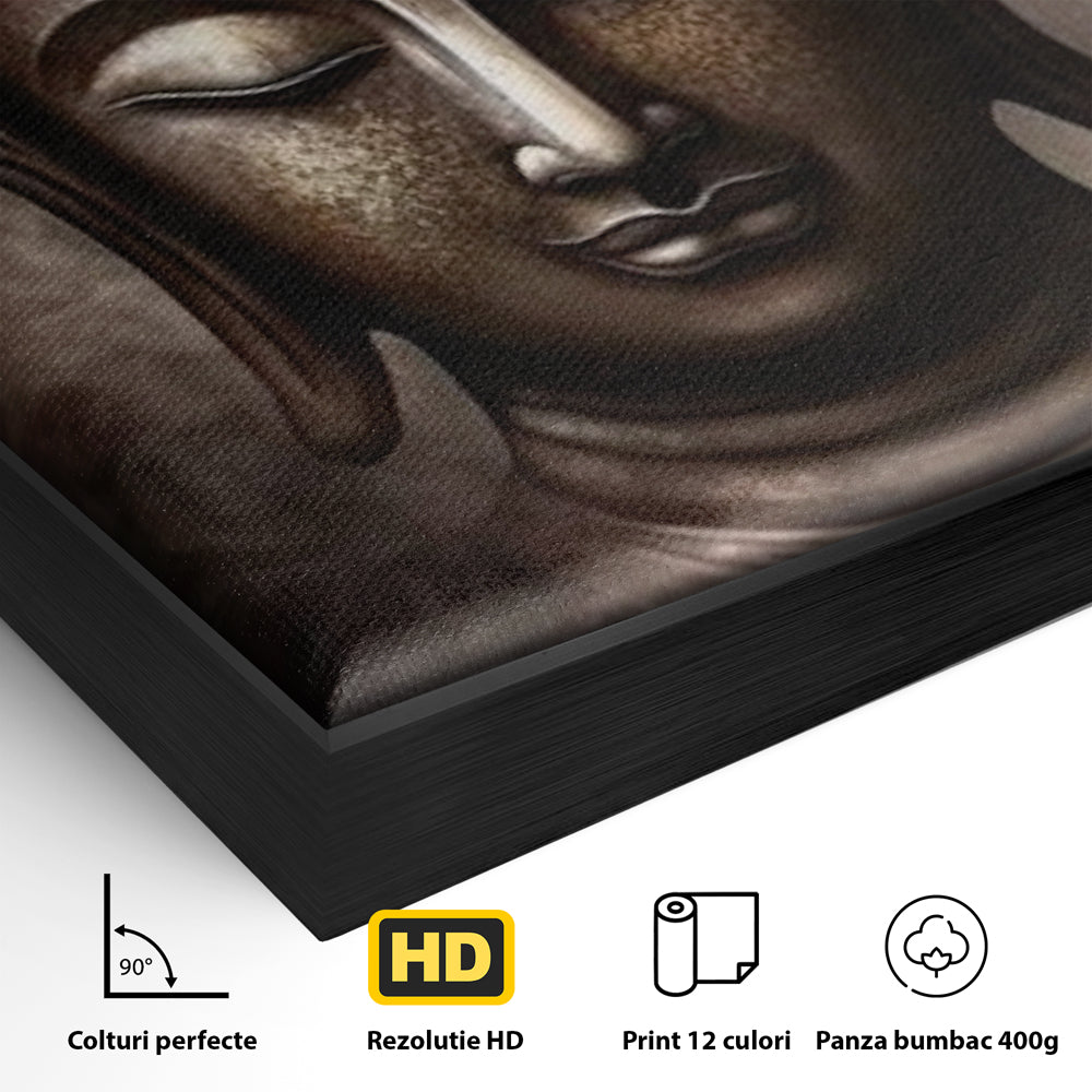 Detaliu al suprafetei: tablou canvas cu portret buddha, in rama de aluminiu negru